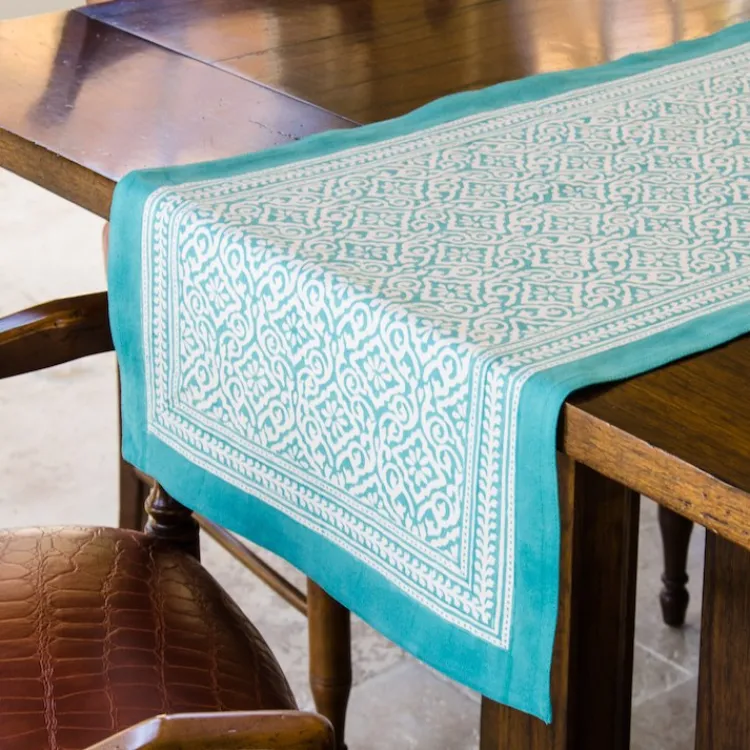 Clearance Block Print Table Runner 16″ x 90″ – Jaipur Aqua Linens
