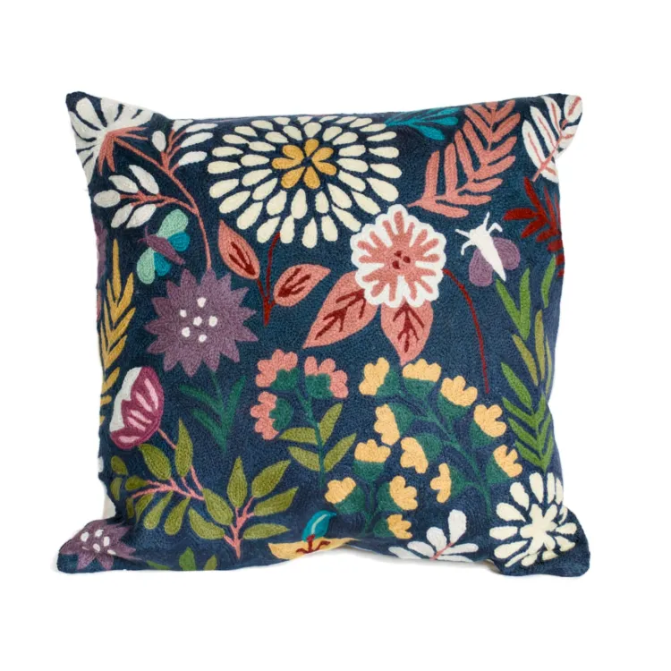 Fashion Botanical 18” Chainstitch Pillow Navy Pillows