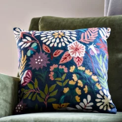 Fashion Botanical 18” Chainstitch Pillow Navy Pillows