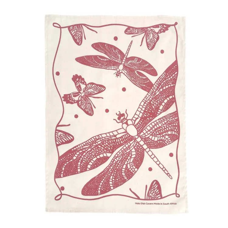 Online Cotton Tea Towel Butterflies and Dragonflies Roasted Red Linens | Bread Warmer Baskets