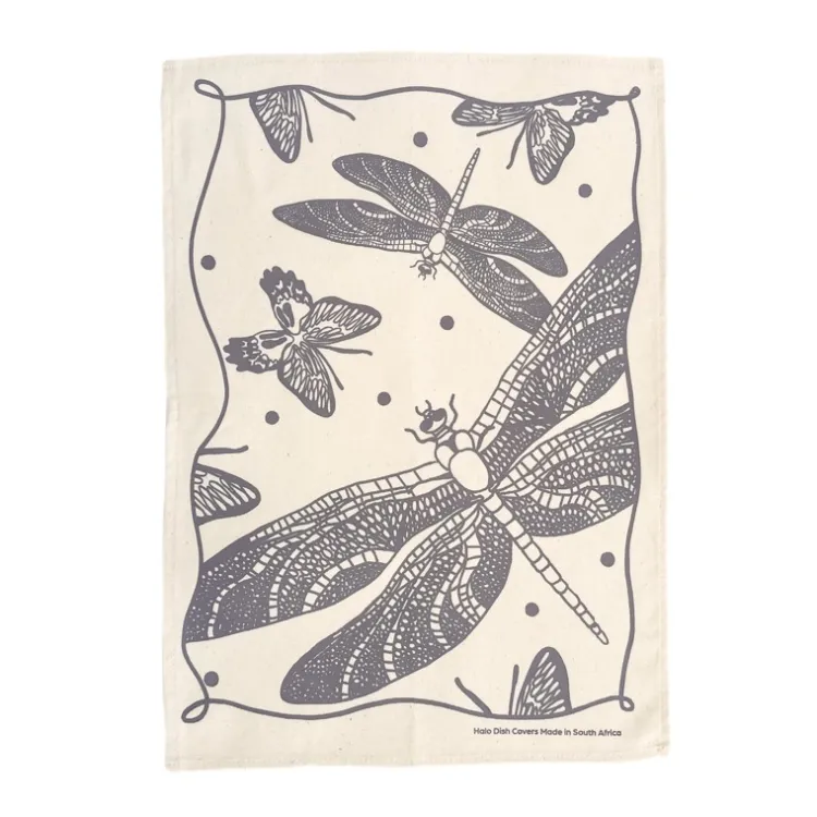 Outlet Cotton Tea Towel Butterflies and Dragonflies Eggplant Linens | Bread Warmer Baskets