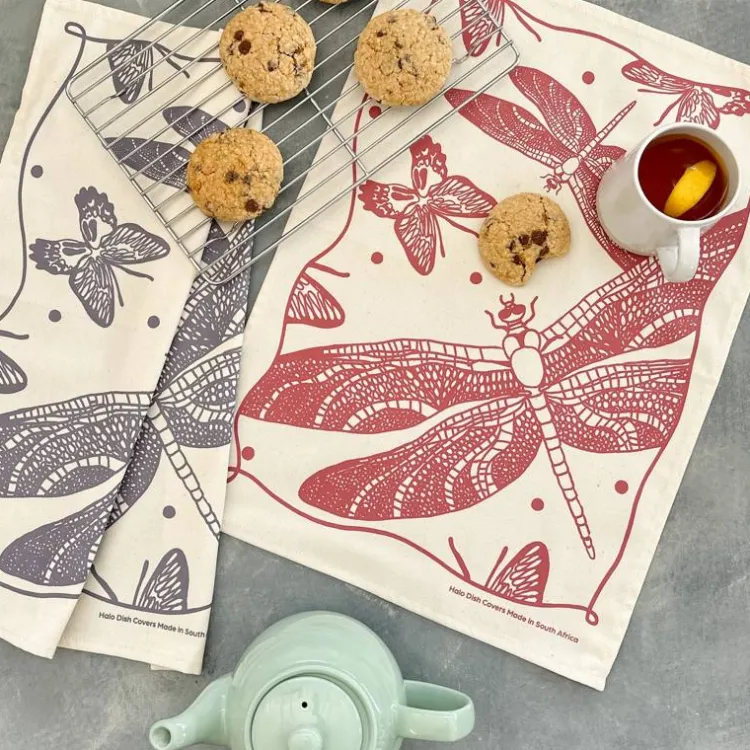 Outlet Cotton Tea Towel Butterflies and Dragonflies Eggplant Linens | Bread Warmer Baskets