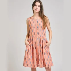 Fashion Kerala Placket Dress Peach Ikat Dresses