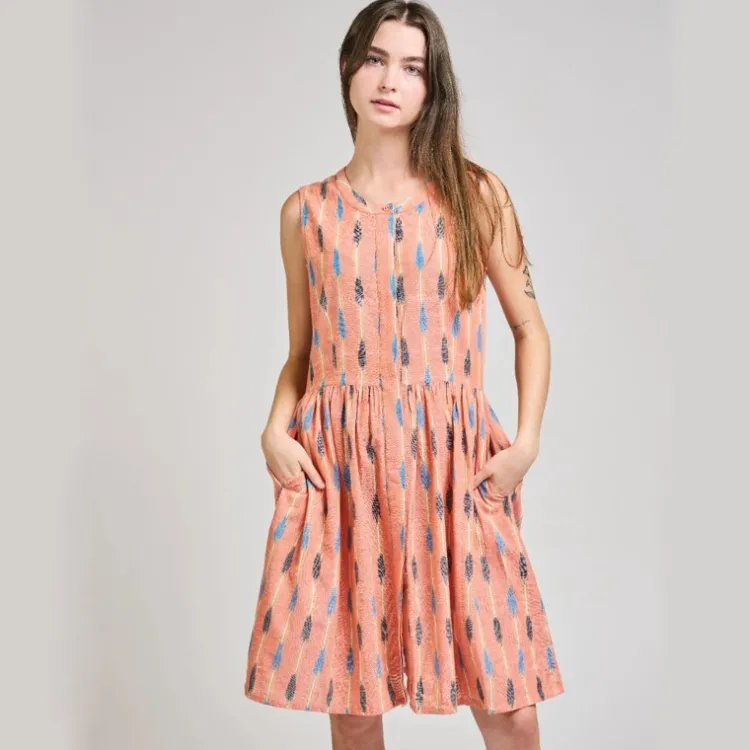 Fashion Kerala Placket Dress Peach Ikat Dresses