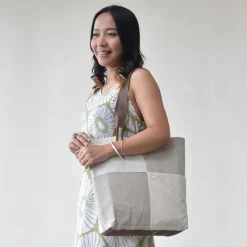 Hot Natural Calico & Linen Tote with Leather Straps Bags