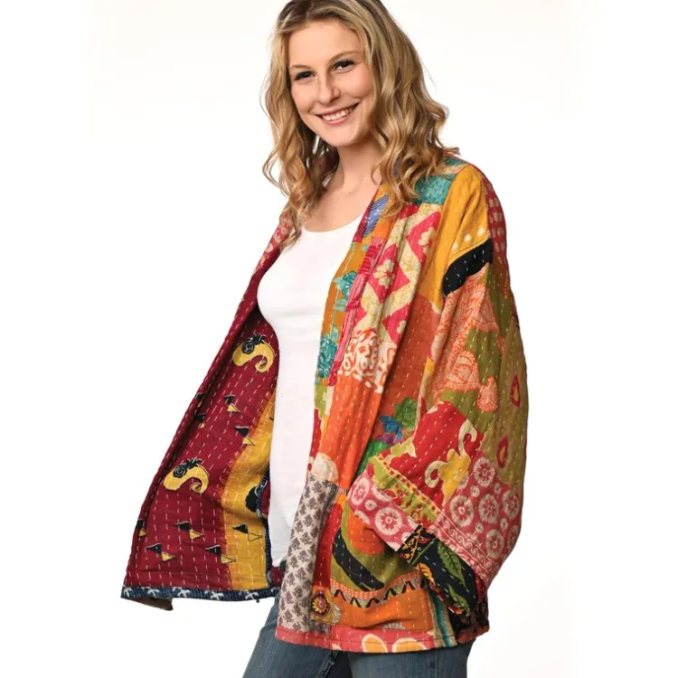 Sale Reversible Cotton Kantha Kimono Jacket Tops & Tunics | Jackets & Sweaters