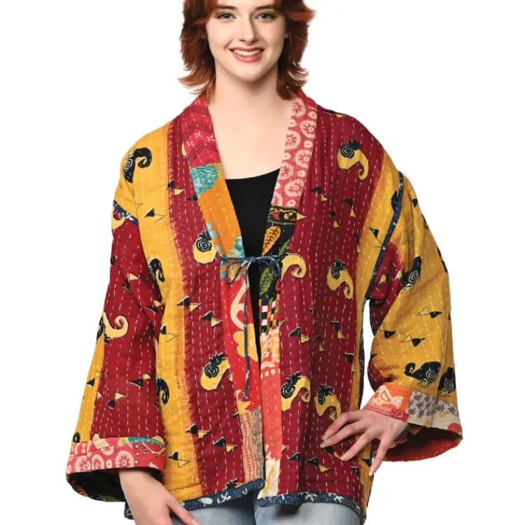 Sale Reversible Cotton Kantha Kimono Jacket Tops & Tunics | Jackets & Sweaters
