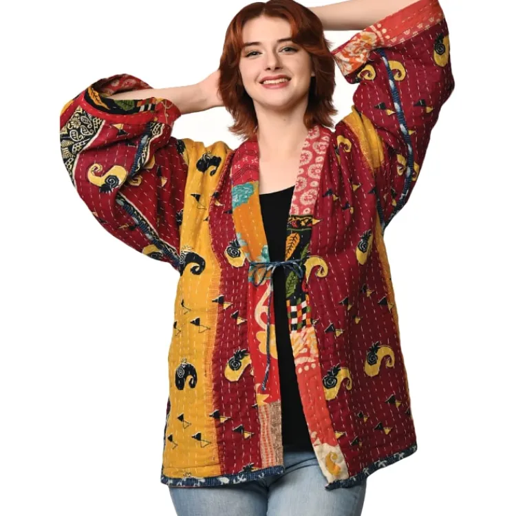 Sale Reversible Cotton Kantha Kimono Jacket Tops & Tunics | Jackets & Sweaters