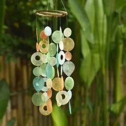 Discount Small Round Capiz Shell Chime – Tropical Flowers Capiz Wind Chimes
