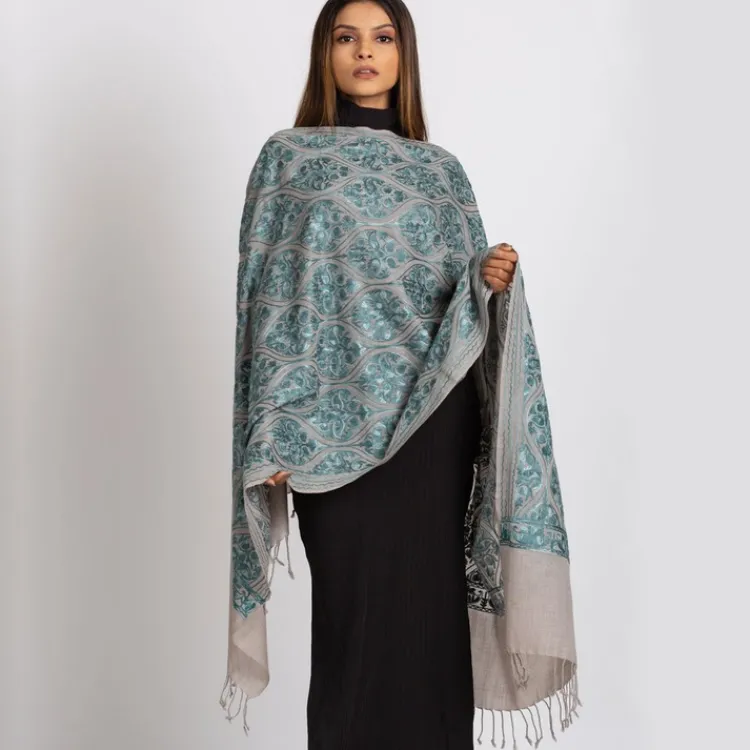 Clearance Surani Embroidered Shawl – Silver & Teal Scarves
