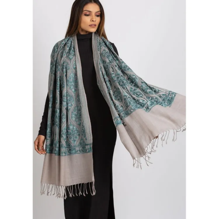 Clearance Surani Embroidered Shawl – Silver & Teal Scarves