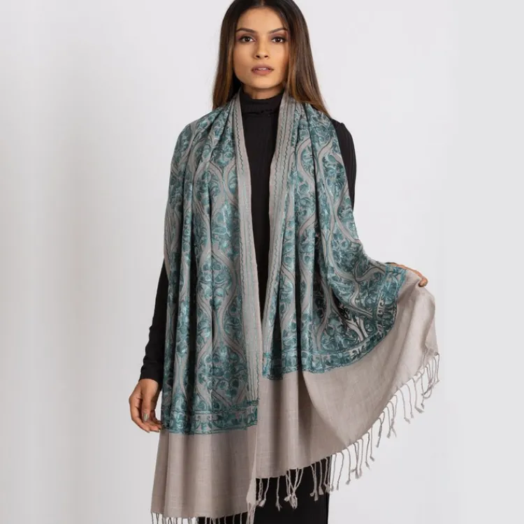 Clearance Surani Embroidered Shawl – Silver & Teal Scarves