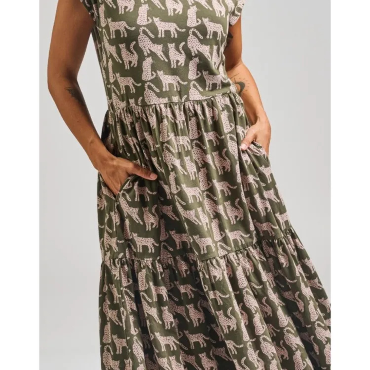 Clearance Tiered Jersey Dress Leopard Green Dresses